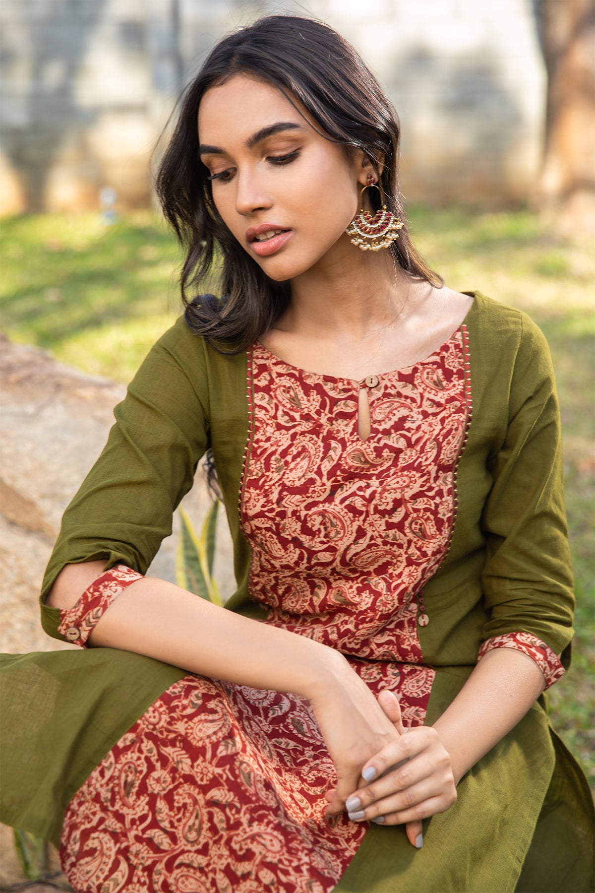 Contrast Kalamkari Printed Kurta - Green – Maybell Womens Fashion